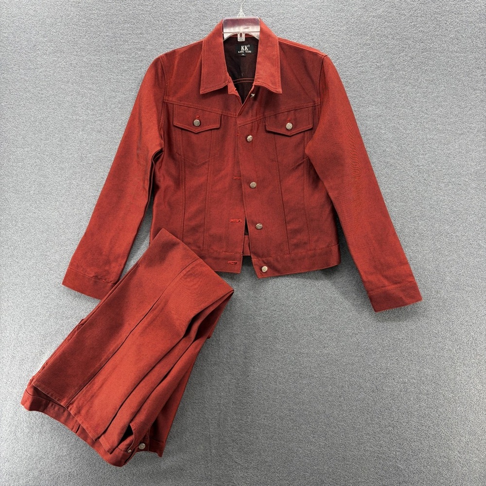 VTG Karl Kani Jacket Jeans Set Womens 14 Orange Denim Rhinestone Logo Hip Hop